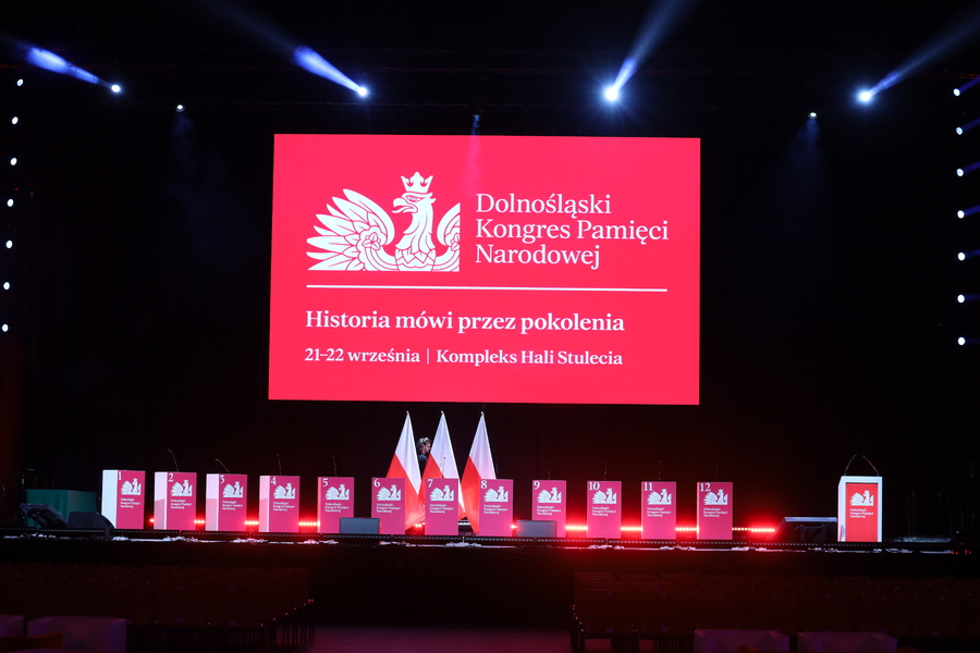 Duży ekran z napisem "Dolnośląski Kongres Pamięci Narodowej"